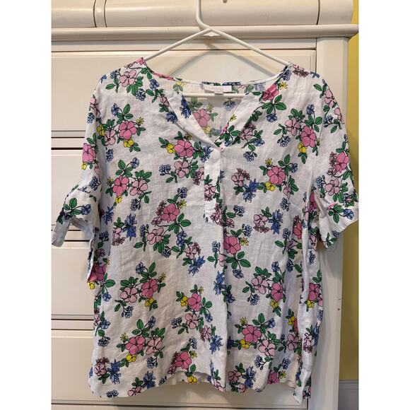Linen Charter Club Luxury Floral Blouse Women's Size Large Pink Blue Cottagecore - Picture 2 of 8